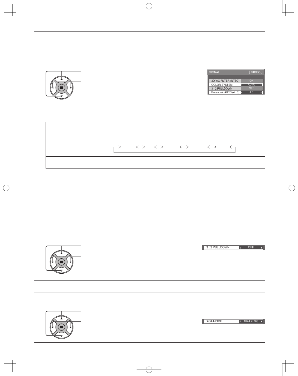 Color system / panasonic auto, 2 pulldown, Xga mode | 2 pulldown color system / panasonic auto, Set up for input signals | Panasonic TH37PR11UK User Manual | Page 32 / 50