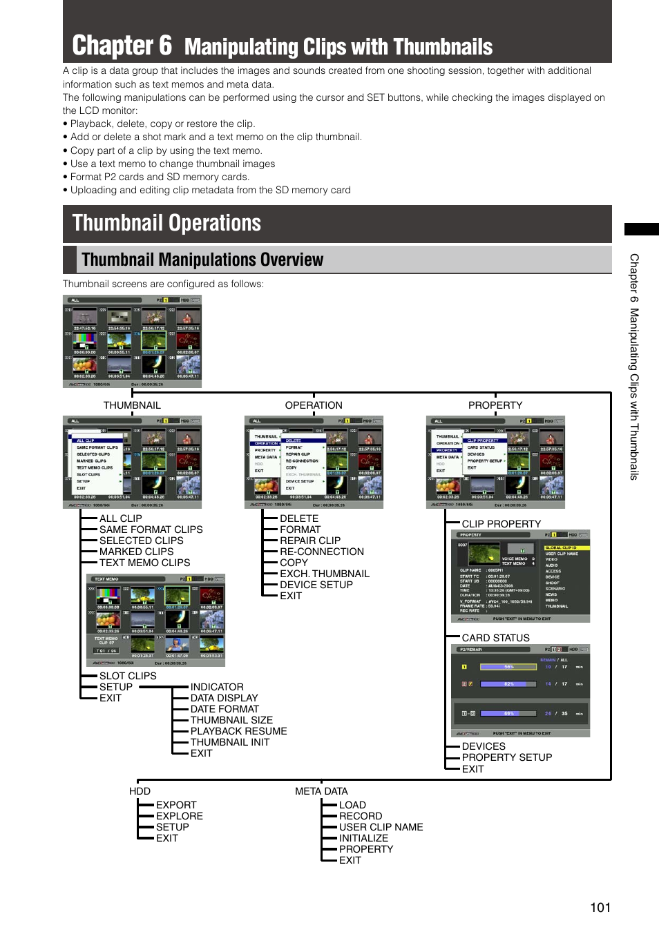 Chapter 6 manipulating clips with thumbnails, Thumbnail operations, Thumbnail manipulations overview | Chapter 6, Manipulating clips with thumbnails | Panasonic AG-HPX300P User Manual | Page 101 / 166
