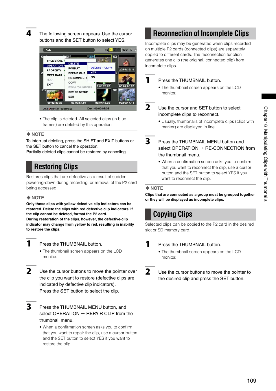 Restoring clips, Reconnection of incomplete clips, Copying clips | Panasonic AG-HPX300P User Manual | Page 109 / 166