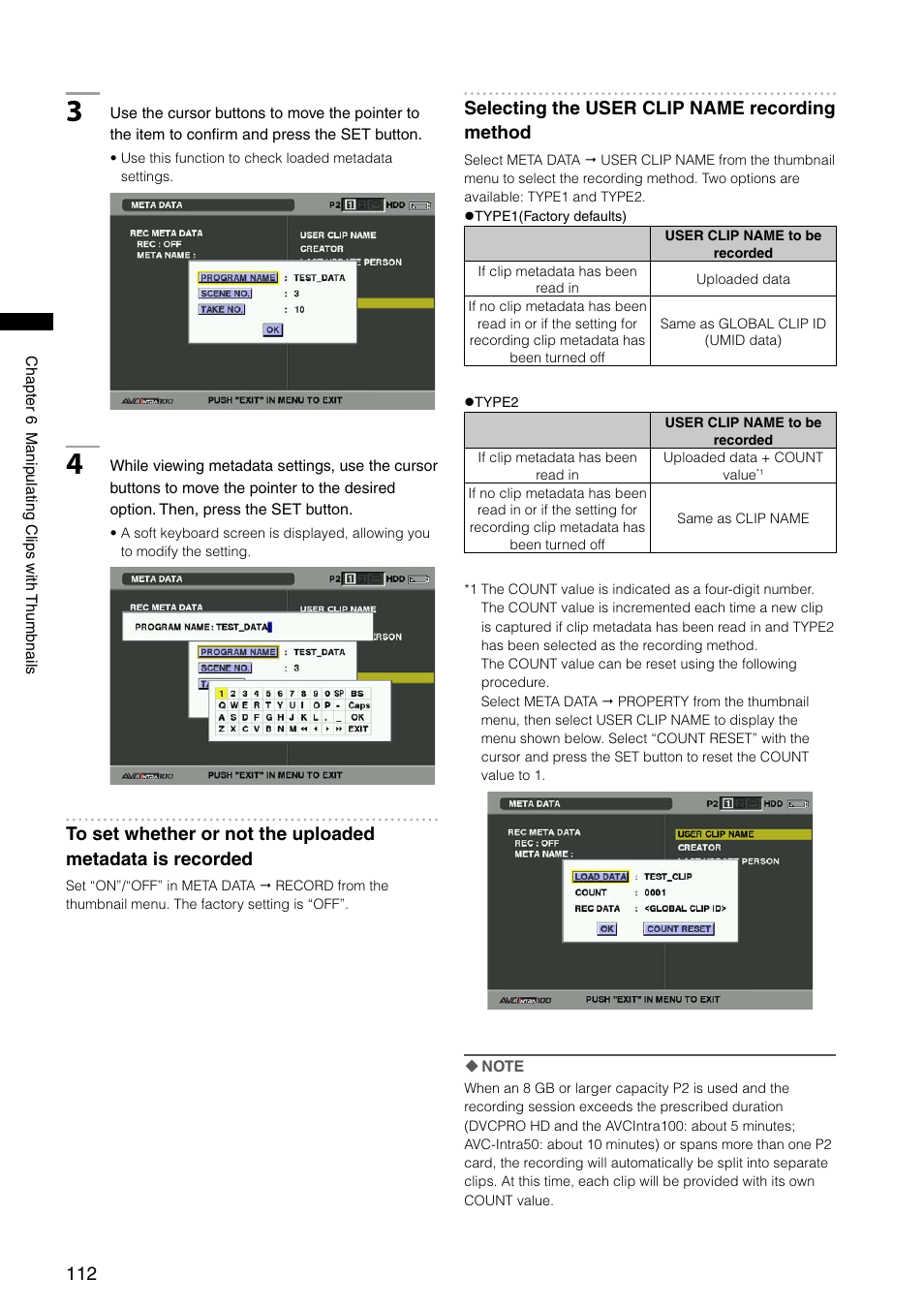Selecting the user clip name recording method | Panasonic AG-HPX300P User Manual | Page 112 / 166