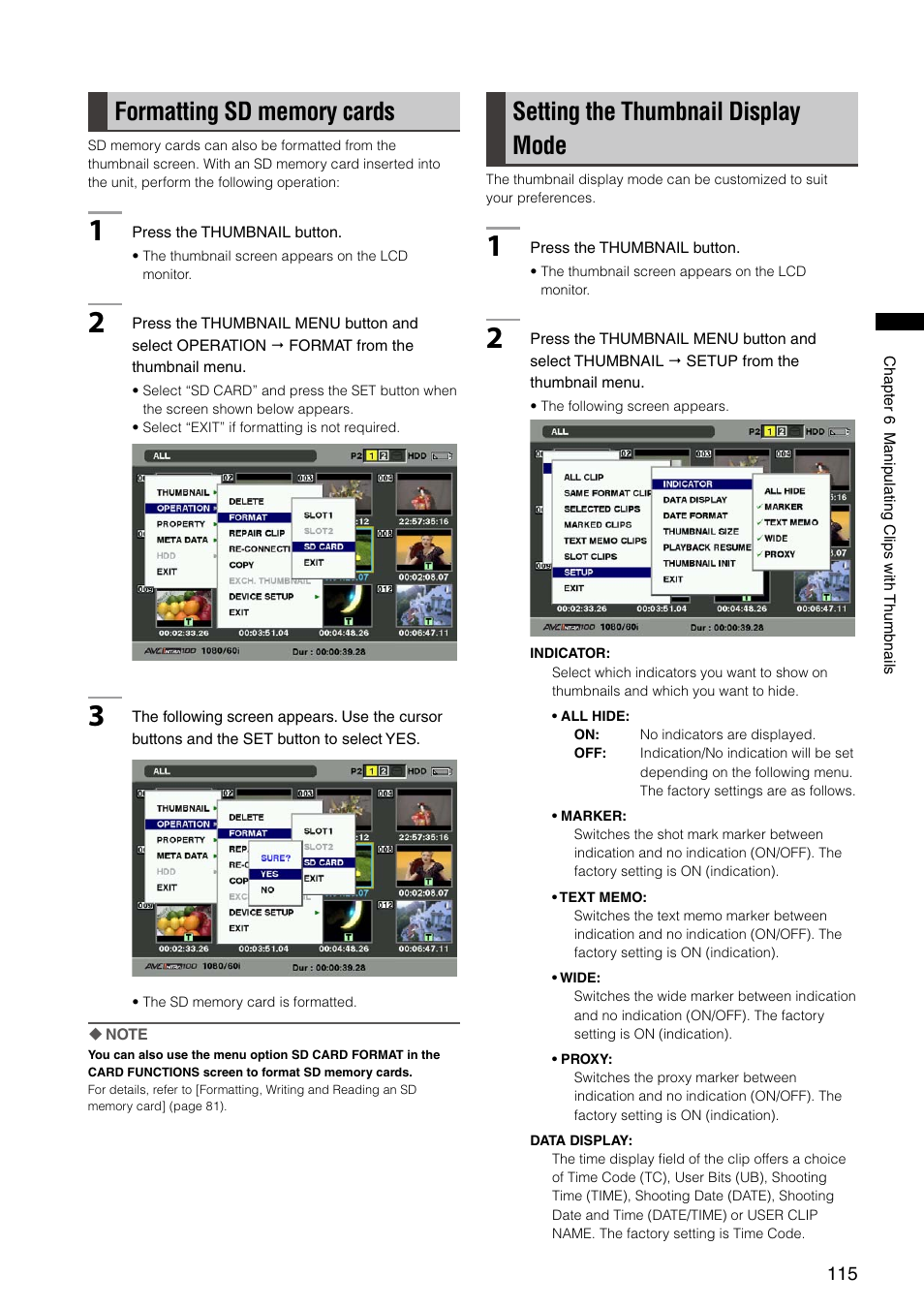 Formatting sd memory cards, Setting the thumbnail display mode | Panasonic AG-HPX300P User Manual | Page 115 / 166