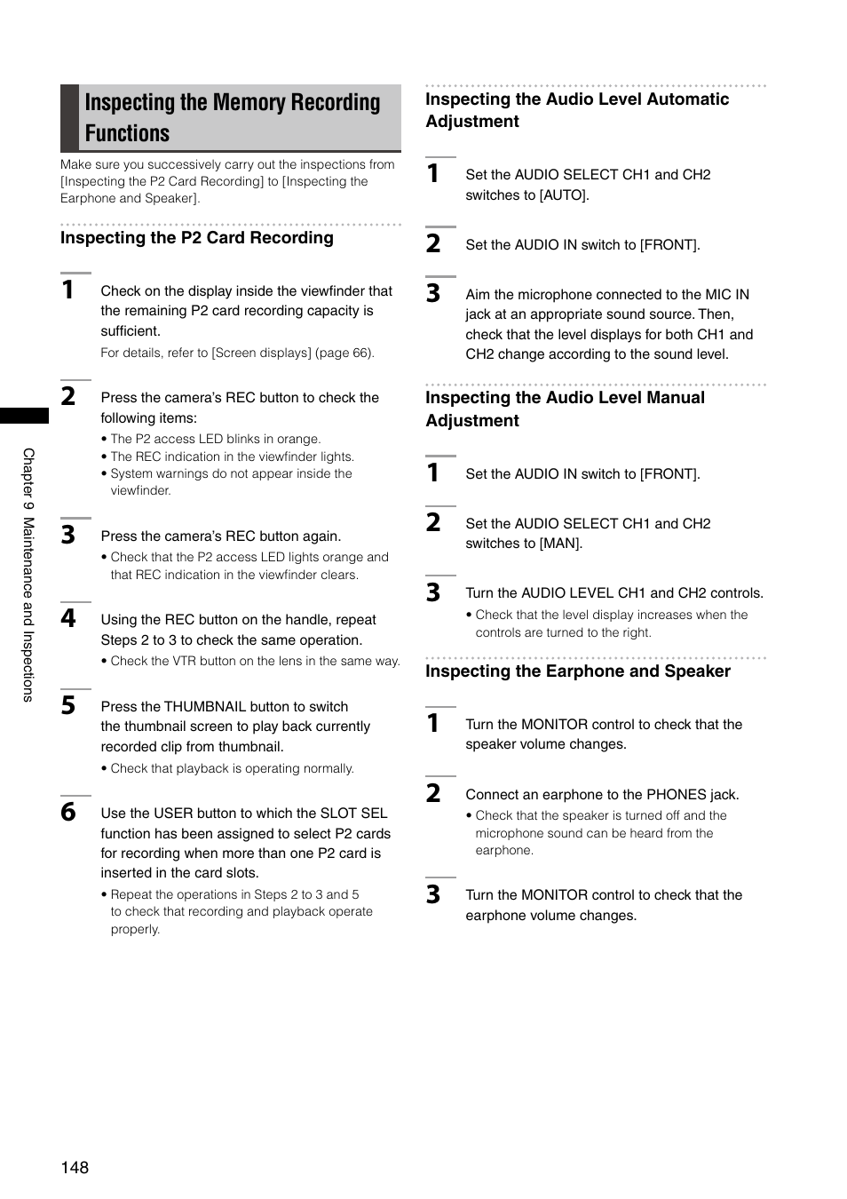 Inspecting the memory recording functions | Panasonic AG-HPX300P User Manual | Page 148 / 166
