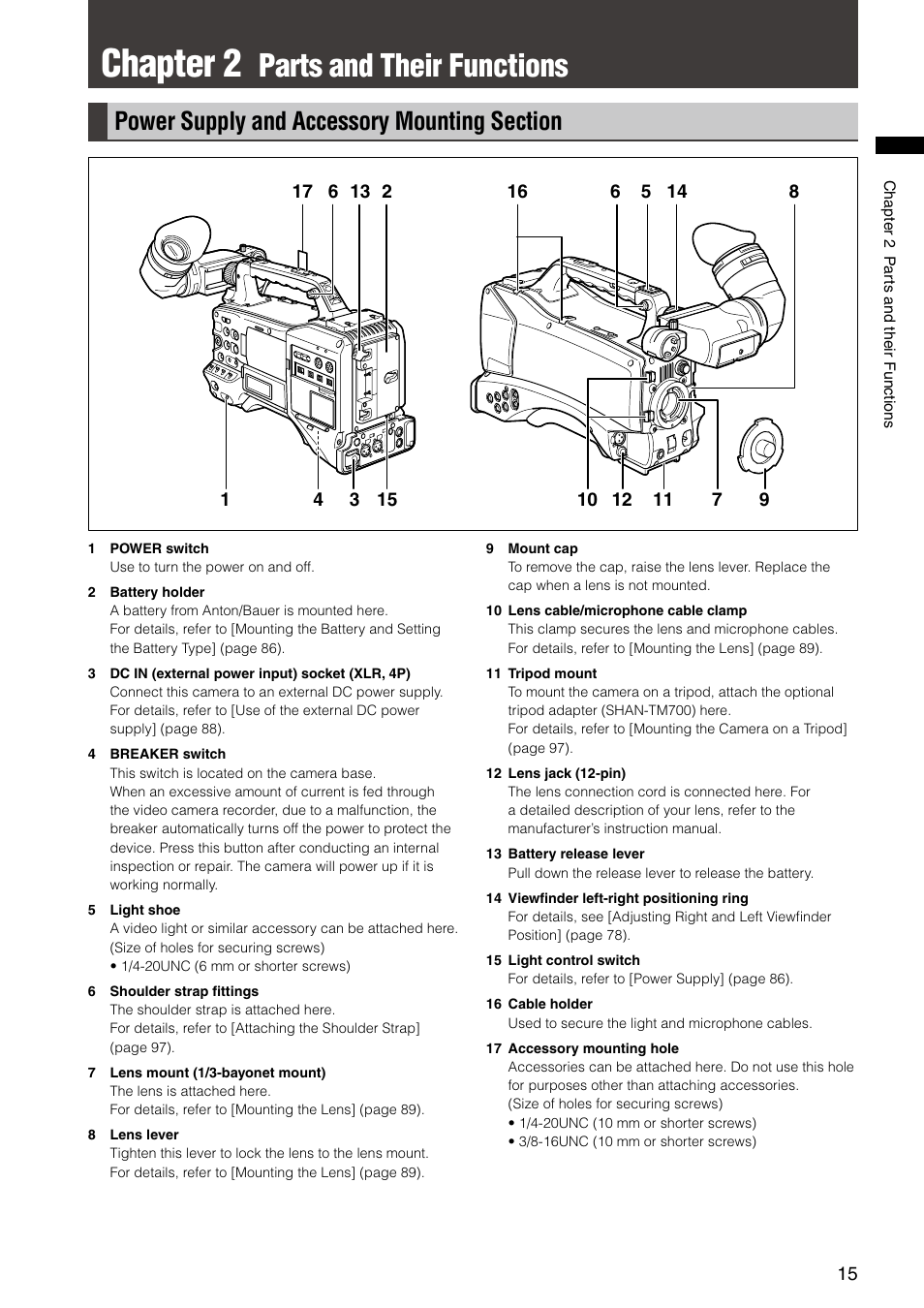 Chapter 2 parts and their functions, Power supply and accessory mounting section, Chapter 2 | Parts and their functions | Panasonic AG-HPX300P User Manual | Page 15 / 166