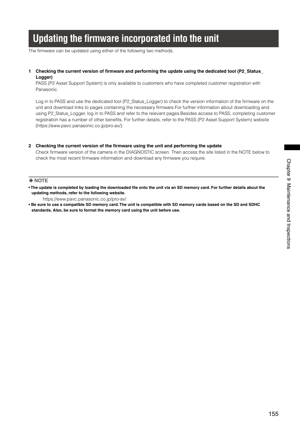 Updating the firmware incorporated into the unit, Updating the ﬁrmware incorporated into the unit | Panasonic AG-HPX300P User Manual | Page 155 / 166