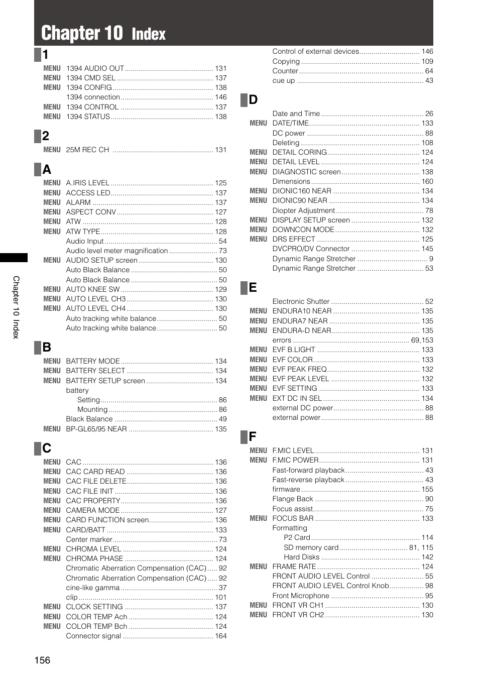 Chapter 10 index, Chapter 10, Index | Panasonic AG-HPX300P User Manual | Page 156 / 166