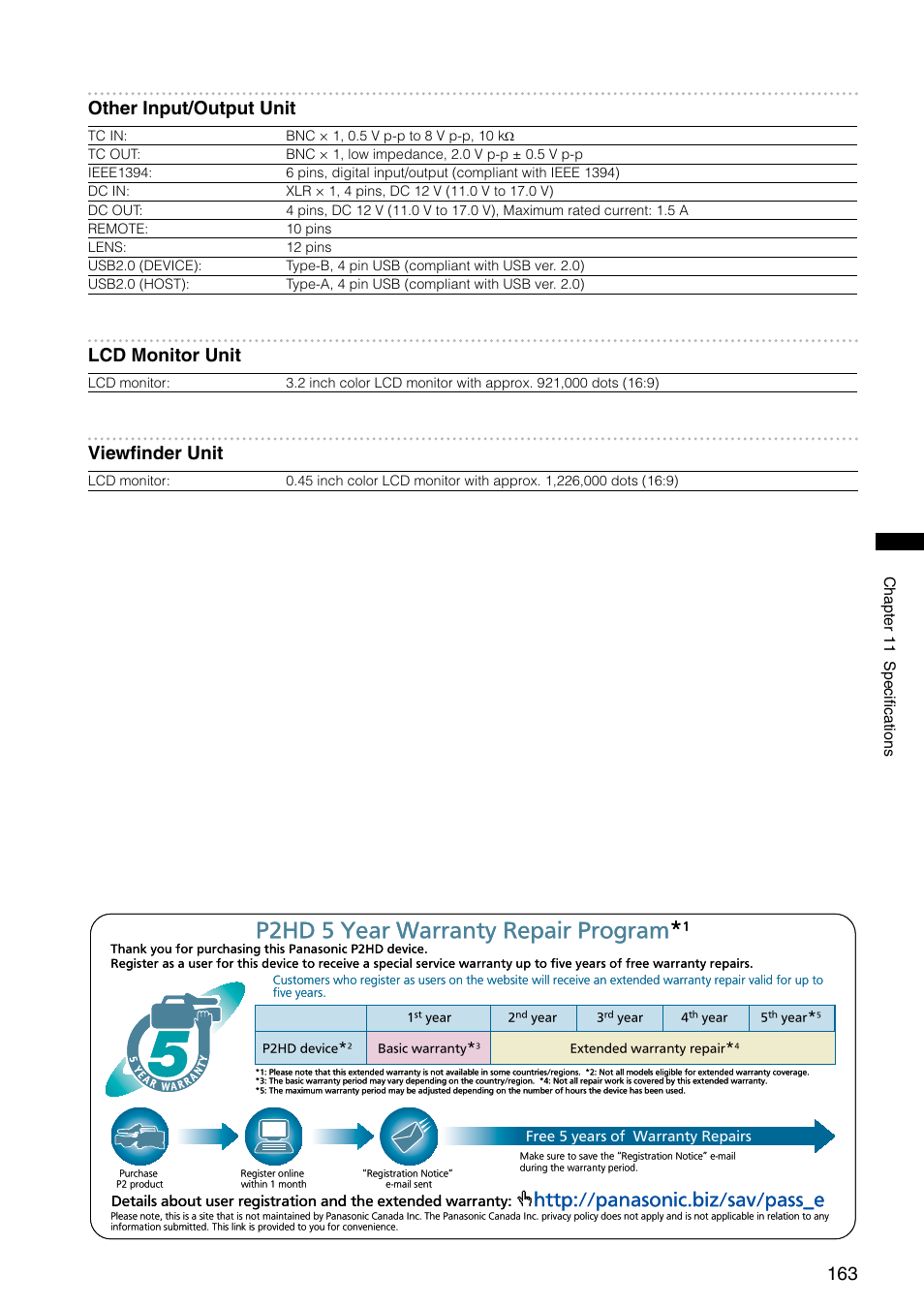 P2hd 5 year warranty repair program, Other input/output unit, Lcd monitor unit | Viewfinder unit, Chapter 11 specifications | Panasonic AG-HPX300P User Manual | Page 163 / 166