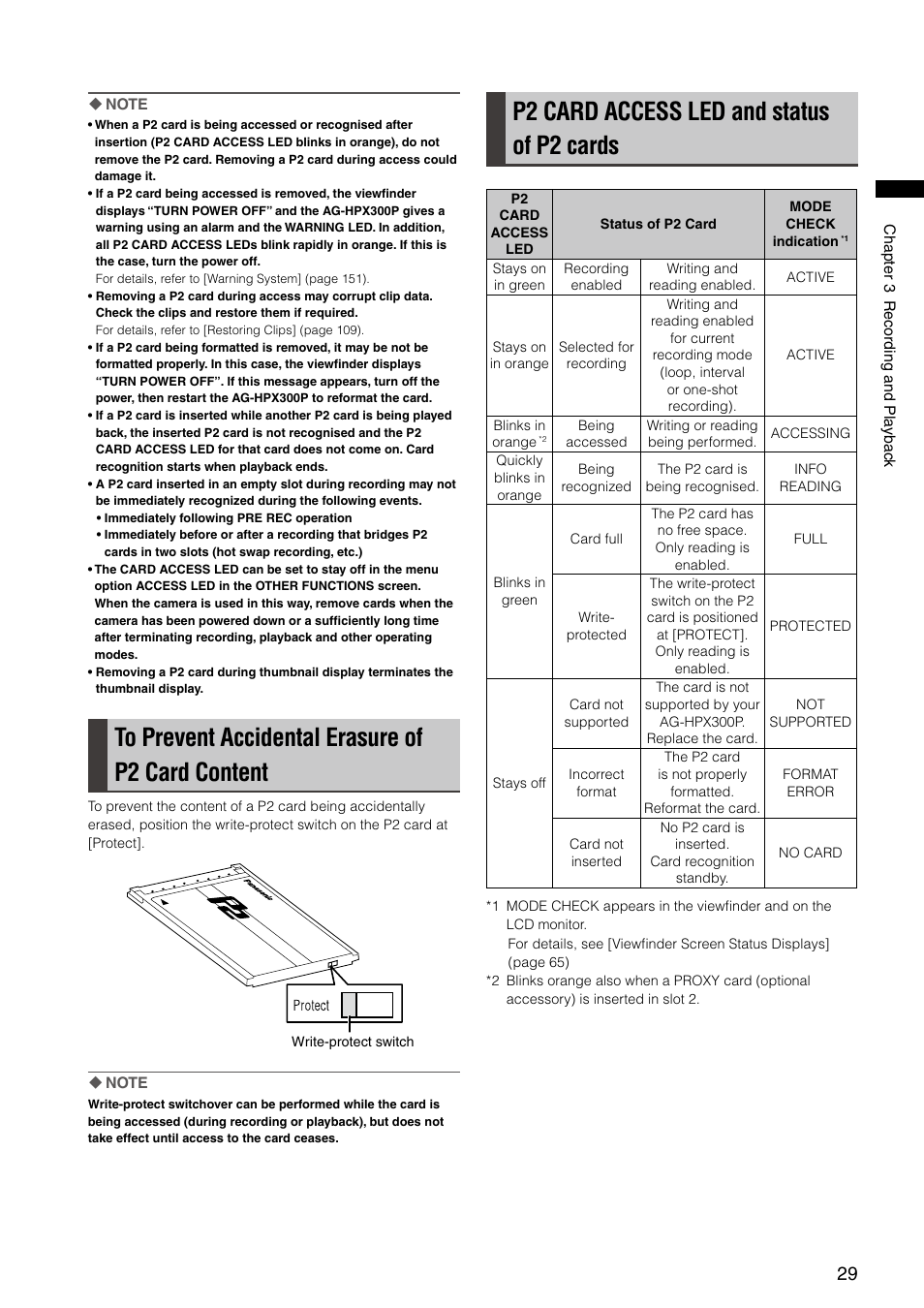 To prevent accidental erasure of p2 card content, P2 card access led and status of p2 cards | Panasonic AG-HPX300P User Manual | Page 29 / 166