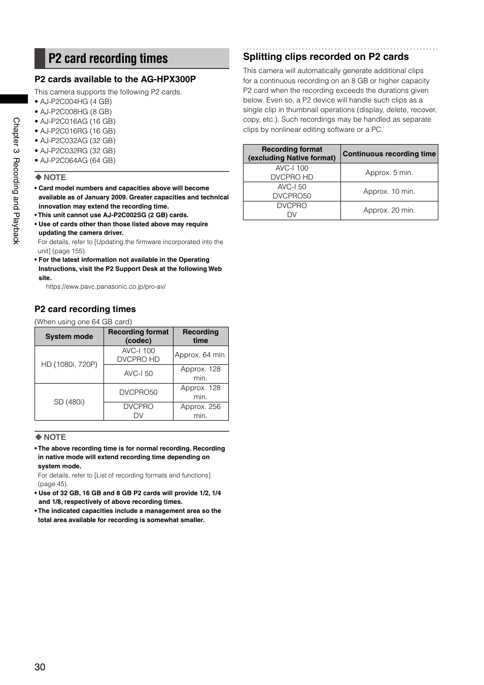 P2 card recording times, Splitting clips recorded on p2 cards | Panasonic AG-HPX300P User Manual | Page 30 / 166