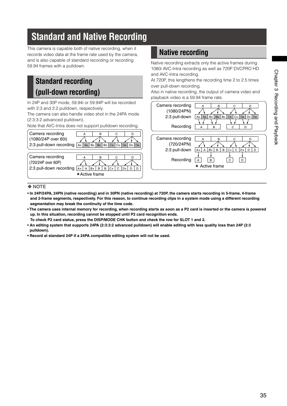 Standard and native recording, Standard recording (pull-down recording), Native recording | Chapter  recording and pla ybac k | Panasonic AG-HPX300P User Manual | Page 35 / 166