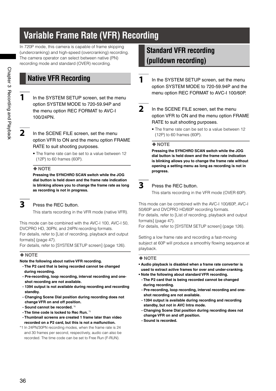 Variable frame rate (vfr) recording, Native vfr recording, Standard vfr recording(pulldown recording) | Standard vfr recording (pulldown recording) | Panasonic AG-HPX300P User Manual | Page 36 / 166