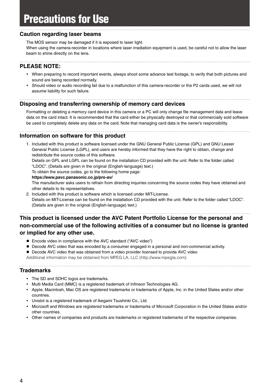 Precautions for use, Caution regarding laser beams, Information on software for this product | Trademarks | Panasonic AG-HPX300P User Manual | Page 4 / 166