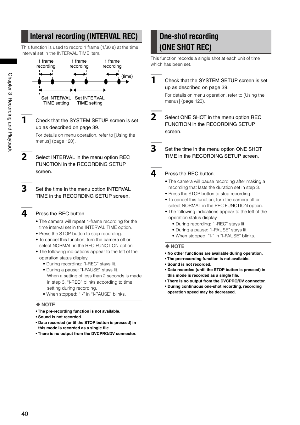 Interval recording (interval rec), One-shot recording (one shot rec) | Panasonic AG-HPX300P User Manual | Page 40 / 166