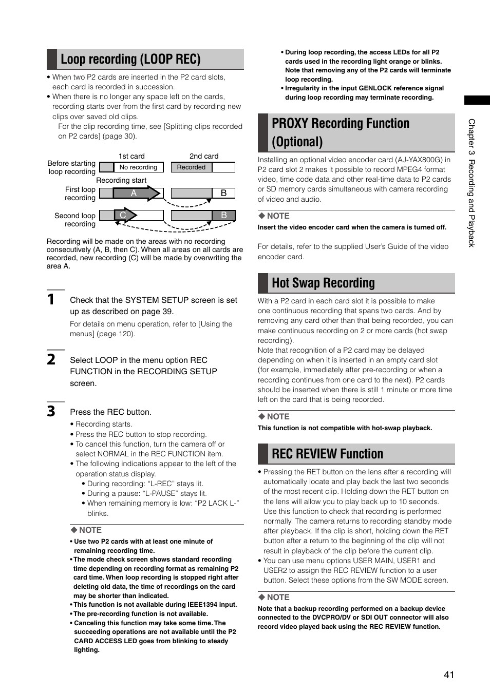 Loop recording (loop rec), Proxy recording function (optional), Hot swap recording | Rec review function | Panasonic AG-HPX300P User Manual | Page 41 / 166