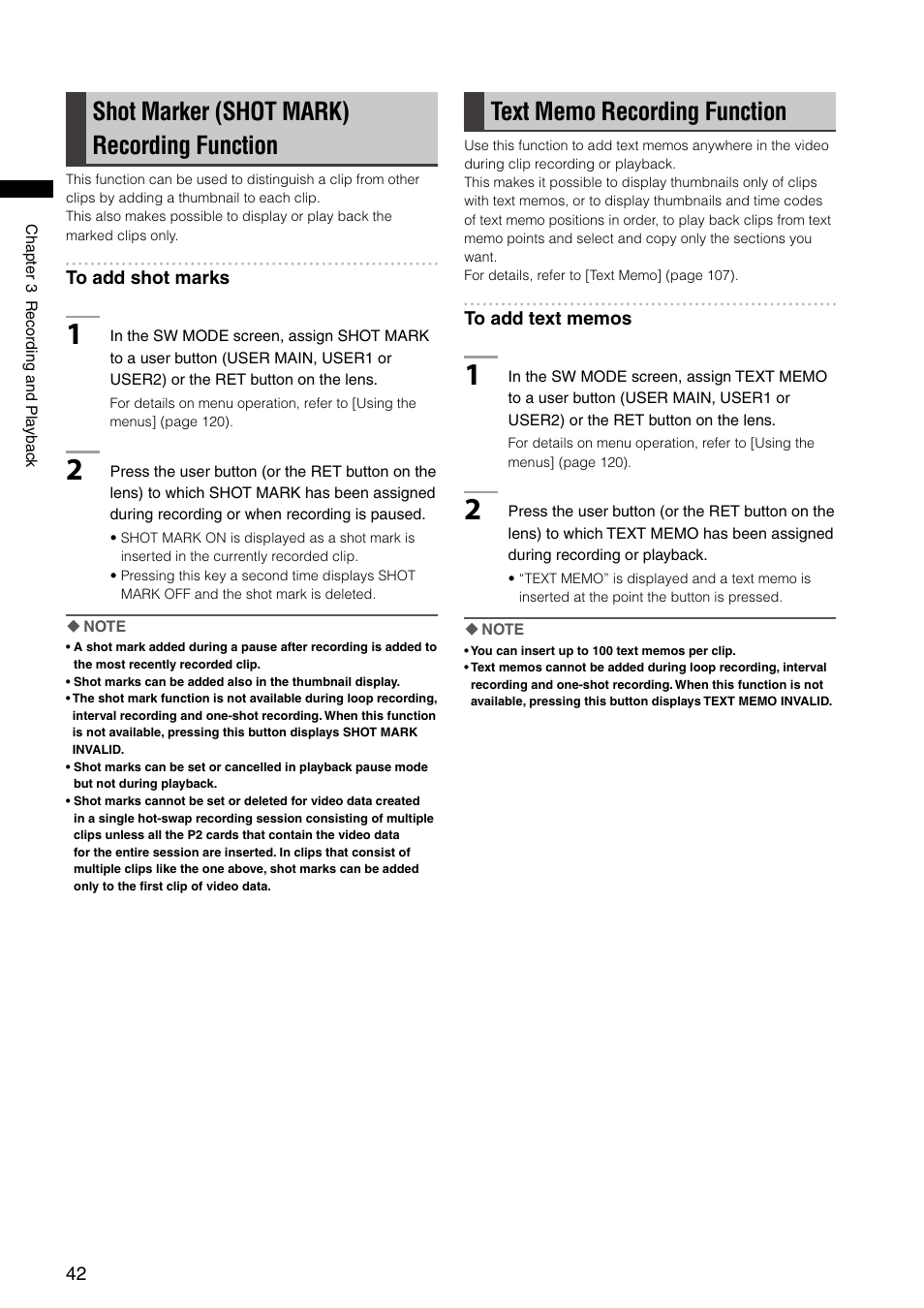 Shot marker (shot mark) recording function, Text memo recording function | Panasonic AG-HPX300P User Manual | Page 42 / 166