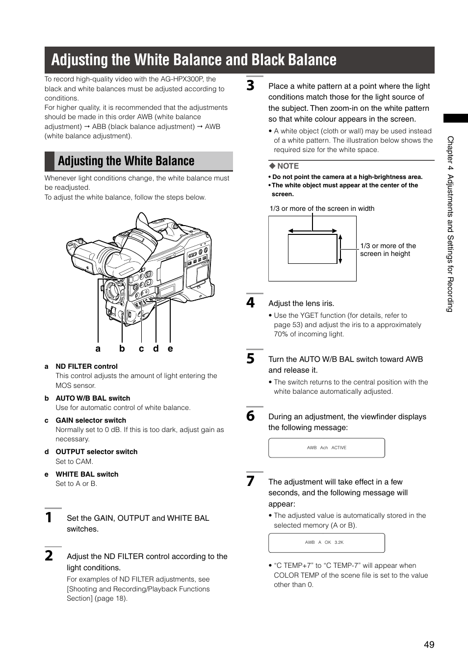 Adjusting the white balance and black balance, Adjusting the white balance | Panasonic AG-HPX300P User Manual | Page 49 / 166