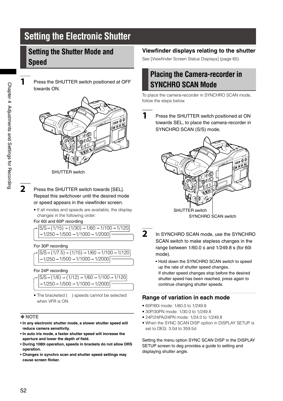 Setting the electronic shutter, Setting the shutter mode and speed, Placing the camera-recorder in synchro scan mode | Panasonic AG-HPX300P User Manual | Page 52 / 166