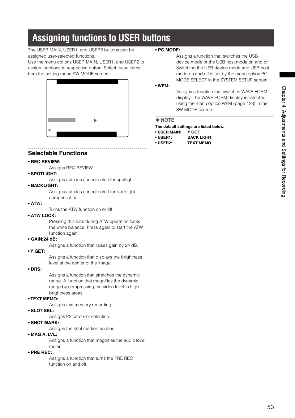 Assigning functions to user buttons, Selectable functions | Panasonic AG-HPX300P User Manual | Page 53 / 166