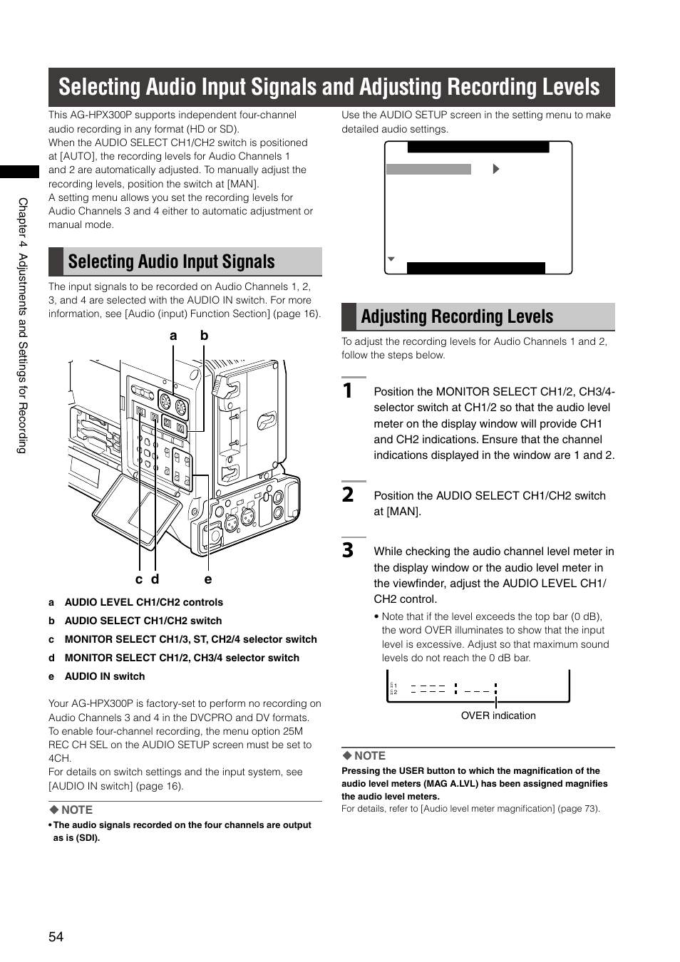 Selecting audio input signals, Adjusting recording levels | Panasonic AG-HPX300P User Manual | Page 54 / 166