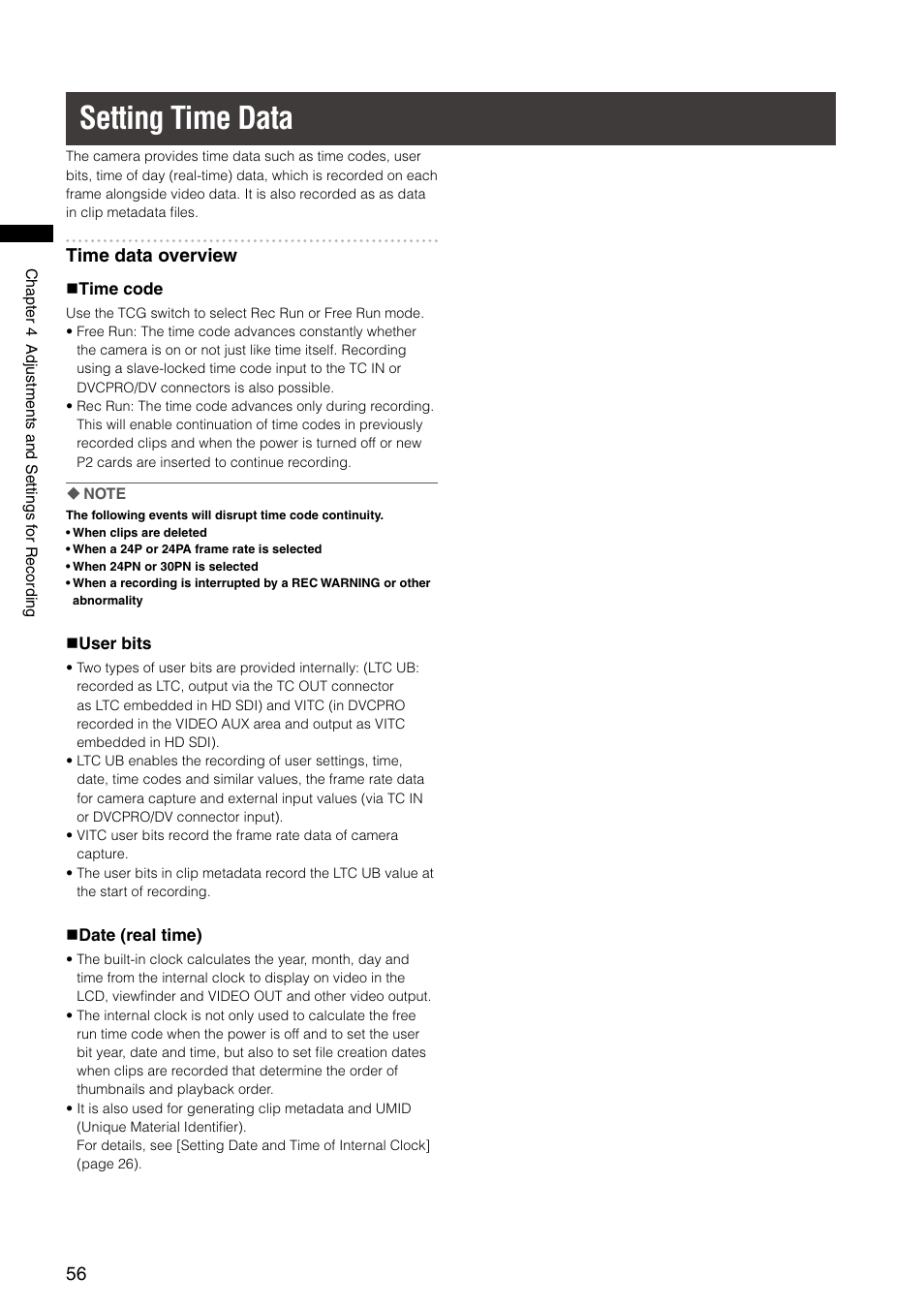 Setting time data, Time data overview | Panasonic AG-HPX300P User Manual | Page 56 / 166