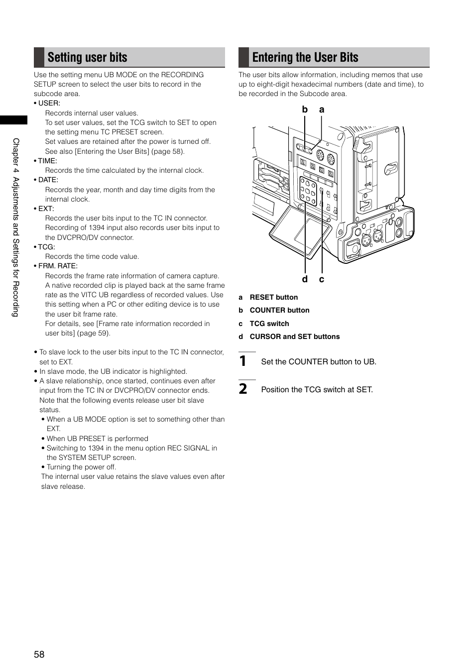 Setting user bits, Entering the user bits, Setting user bits entering the user bits | Panasonic AG-HPX300P User Manual | Page 58 / 166