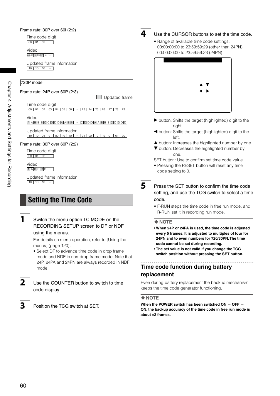 Setting the time code, Time code function during battery replacement | Panasonic AG-HPX300P User Manual | Page 60 / 166