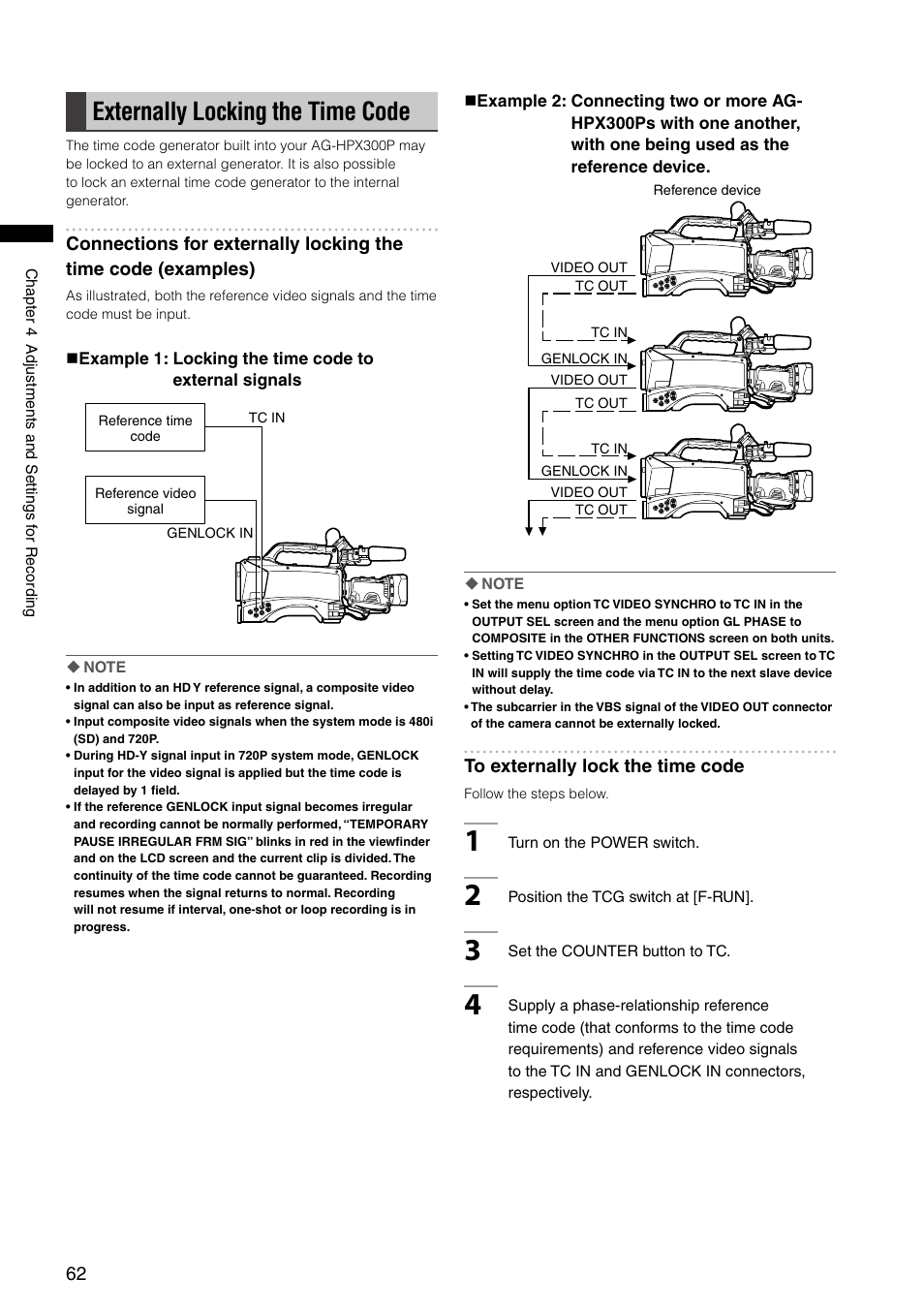 Externally locking the time code | Panasonic AG-HPX300P User Manual | Page 62 / 166