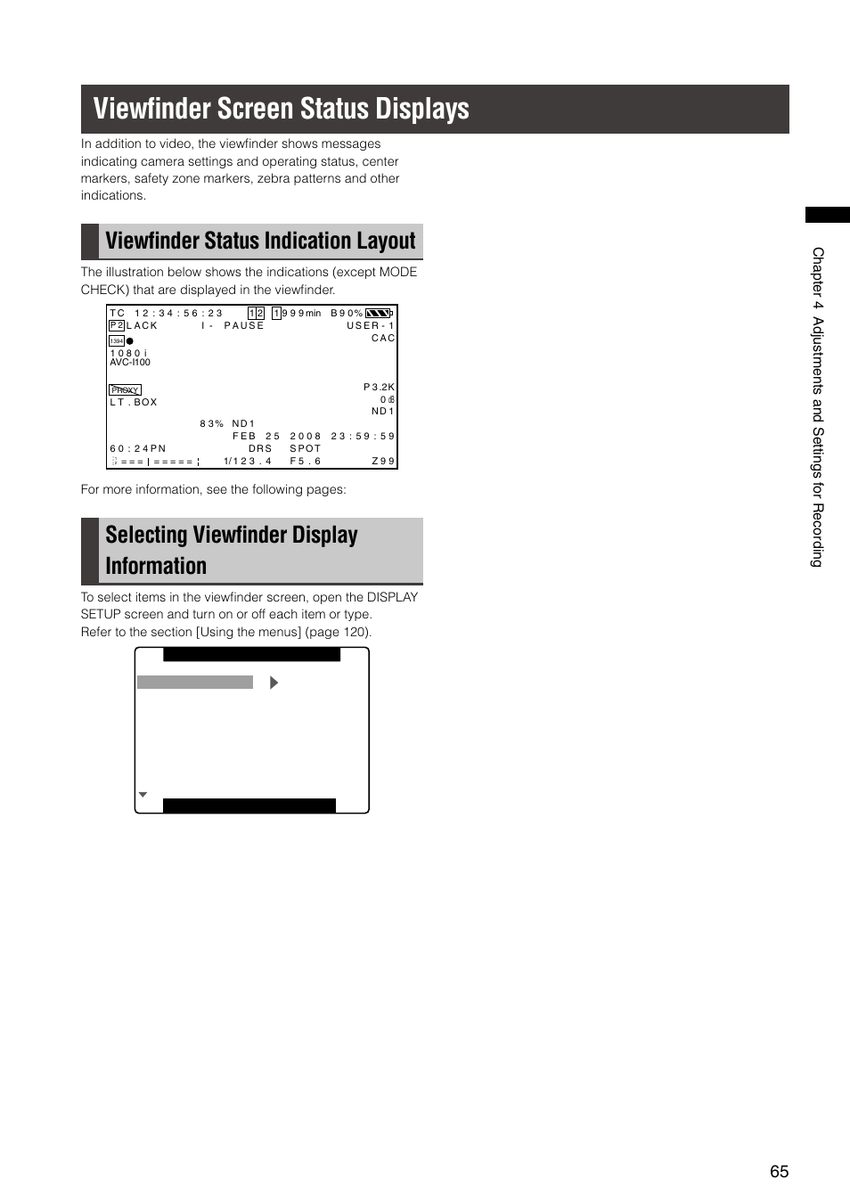 Viewfinder screen status displays, Viewfinder status indication layout, Selecting viewfinder display information | Viewﬁnder screen status displays, Viewﬁnder status indication layout, Selecting viewﬁnder display information | Panasonic AG-HPX300P User Manual | Page 65 / 166