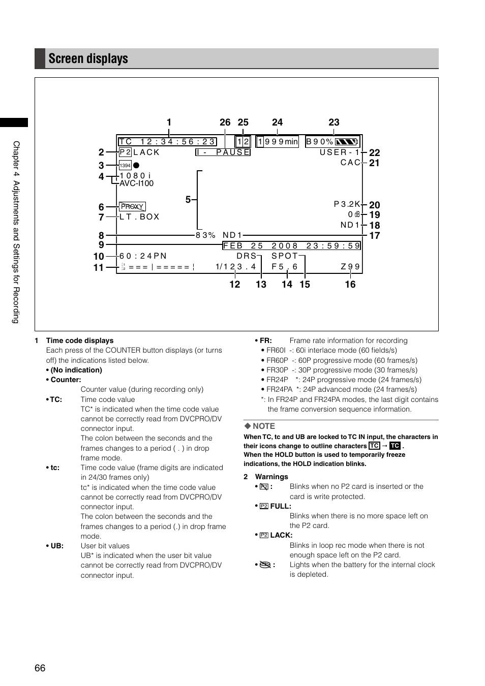 Screen displays | Panasonic AG-HPX300P User Manual | Page 66 / 166
