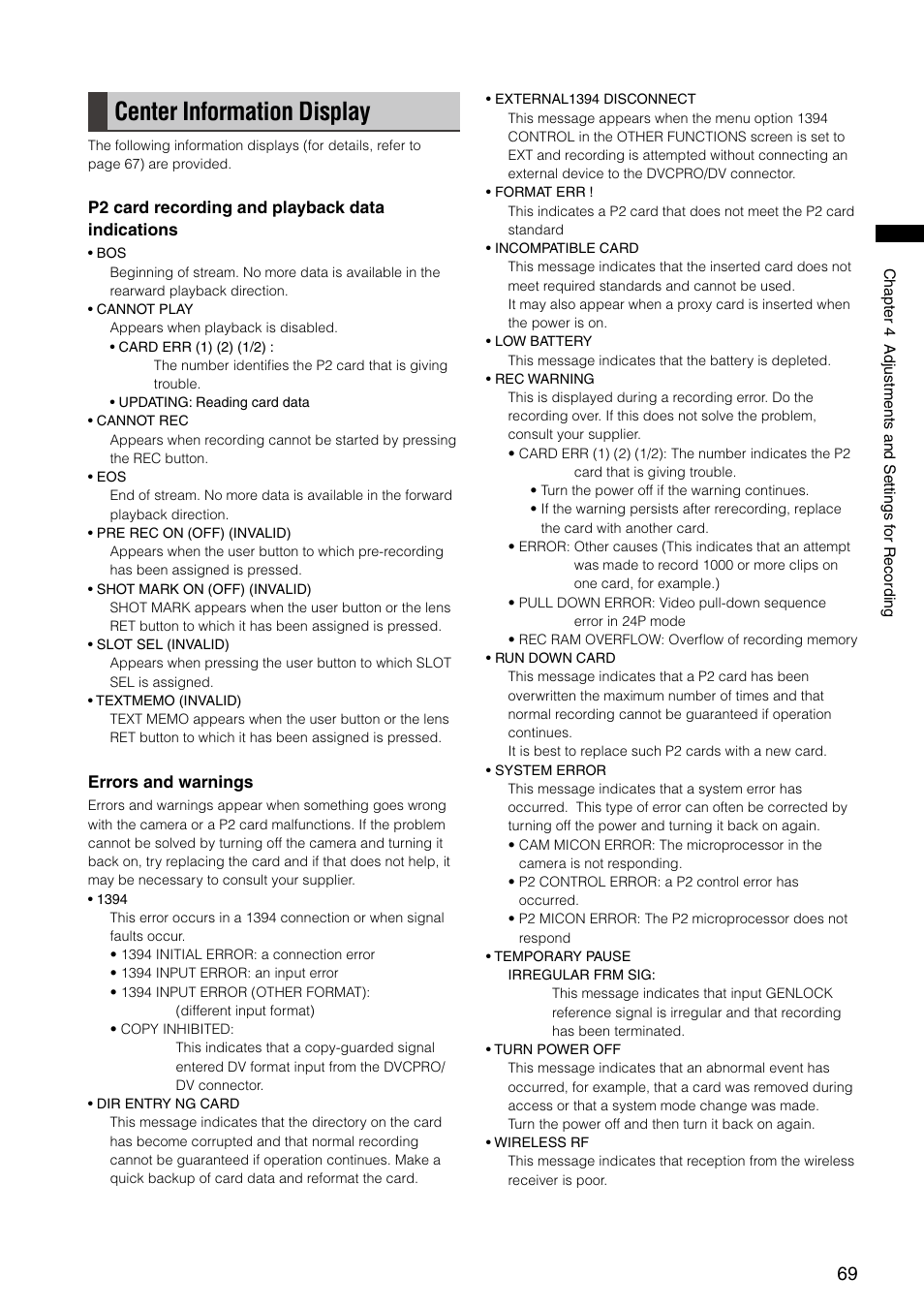 Center information display | Panasonic AG-HPX300P User Manual | Page 69 / 166