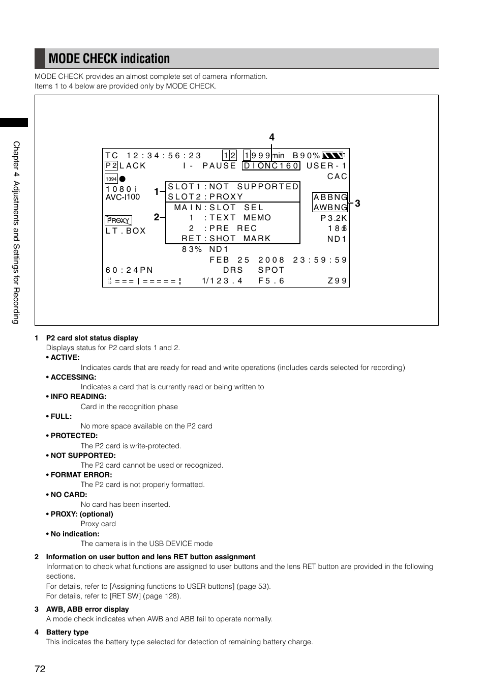 Mode check indication | Panasonic AG-HPX300P User Manual | Page 72 / 166