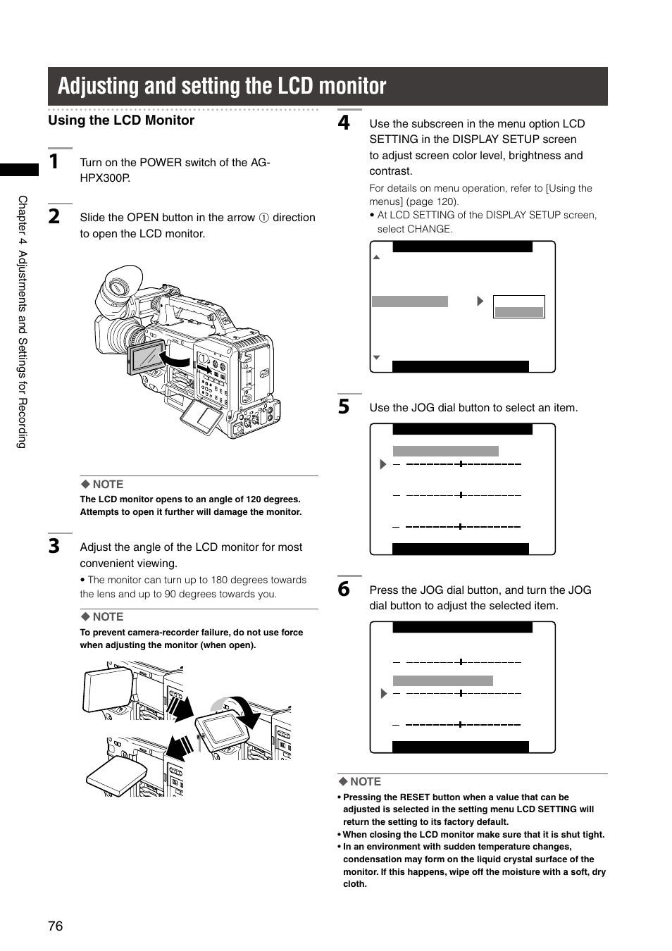 Adjusting and setting the lcd monitor | Panasonic AG-HPX300P User Manual | Page 76 / 166