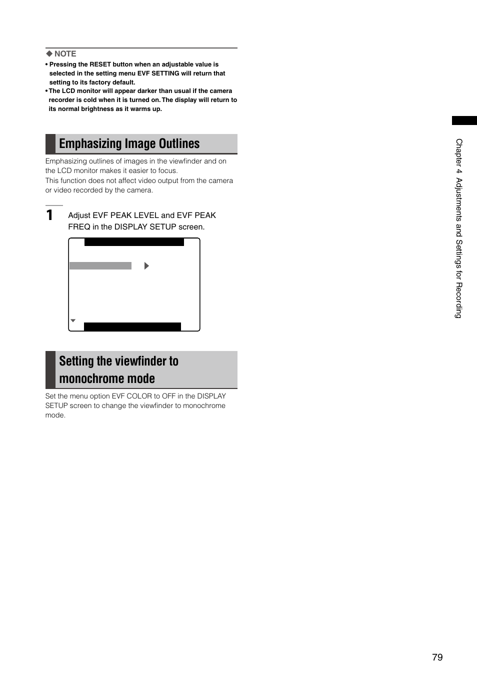 Emphasizing image outlines, Setting the viewfinder to monochrome mode, Setting the viewﬁnder to monochrome mode | Panasonic AG-HPX300P User Manual | Page 79 / 166