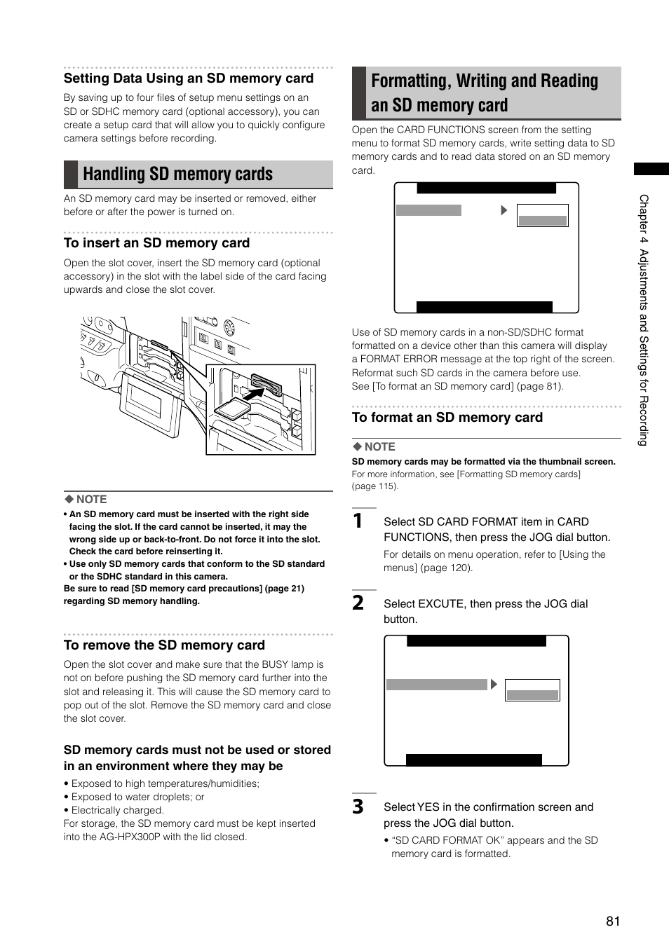 Handling sd memory cards, Formatting, writing and reading an sd memory card | Panasonic AG-HPX300P User Manual | Page 81 / 166