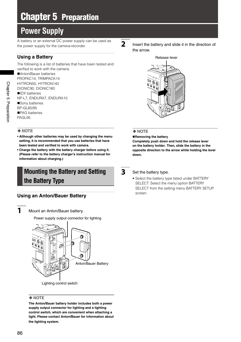 Chapter 5 preparation, Power supply, Mounting the battery and setting the battery type | Chapter 5, Preparation power supply | Panasonic AG-HPX300P User Manual | Page 86 / 166