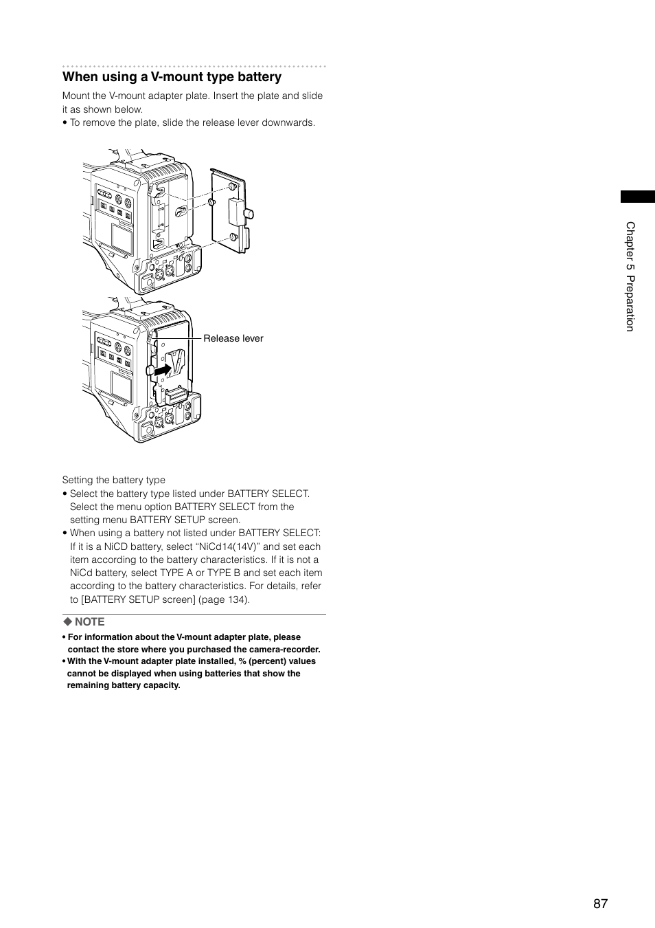 When using a v-mount type battery | Panasonic AG-HPX300P User Manual | Page 87 / 166