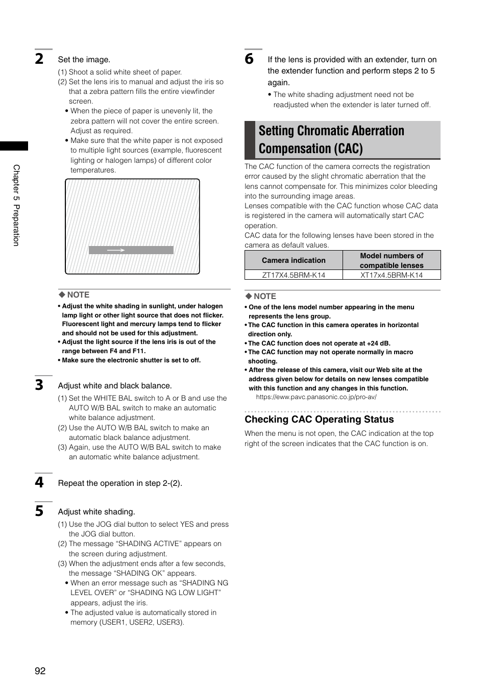 Setting chromatic aberration compensation (cac) | Panasonic AG-HPX300P User Manual | Page 92 / 166