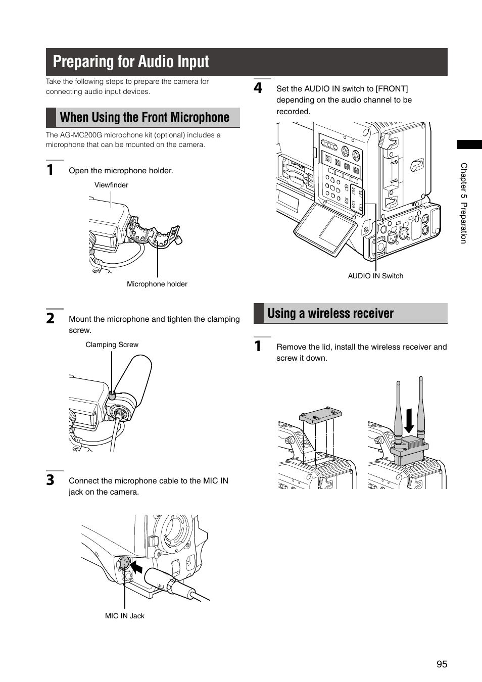 Preparing for audio input, When using the front microphone, Using a wireless receiver | Panasonic AG-HPX300P User Manual | Page 95 / 166