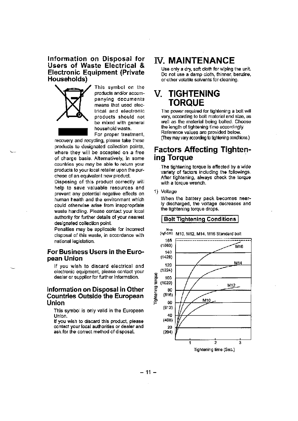Iv. maintenance, V. tightening torque, Factors affecting tightening torque | Factors affecting tighten­ ing torque | Panasonic EY7541 User Manual | Page 11 / 16