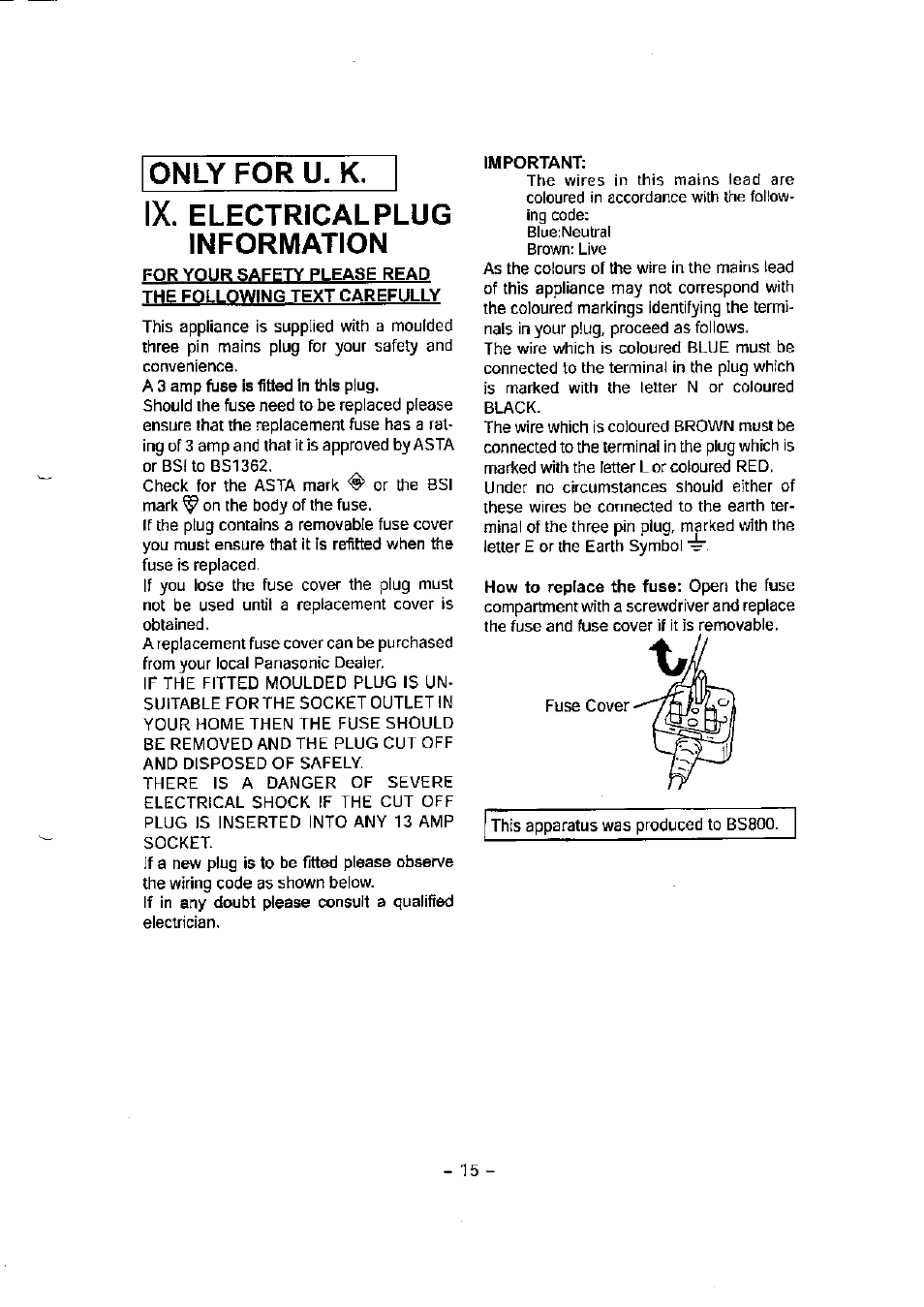 Only for u. k, Electrical plug information | Panasonic EY7541 User Manual | Page 15 / 16