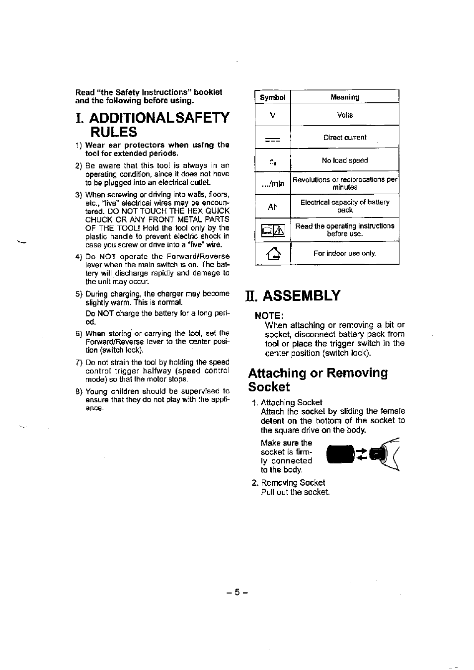 I. additionalsafety rules, N. assembly, Note | Attaching or removing socket | Panasonic EY7541 User Manual | Page 5 / 16