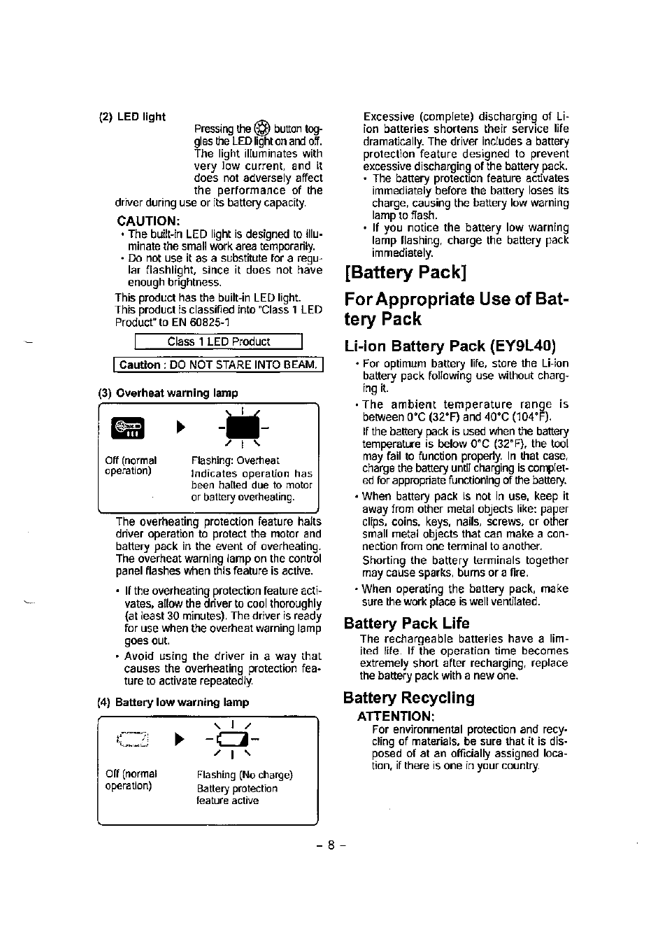 Battery pack, For appropriate use of battery pack, Li-ion battery pack (ey9l40) | Battery pack life, Battery recycling | Panasonic EY7541 User Manual | Page 8 / 16