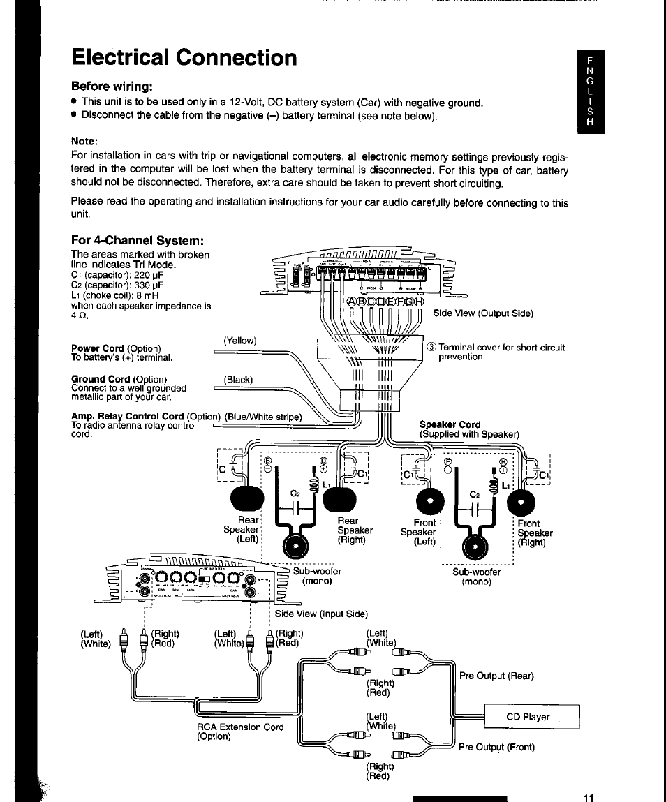 Note, Electrical connection, Topobsctj | Before wiring, For 4-channel system | Panasonic CY-M9054EN User Manual | Page 11 / 14