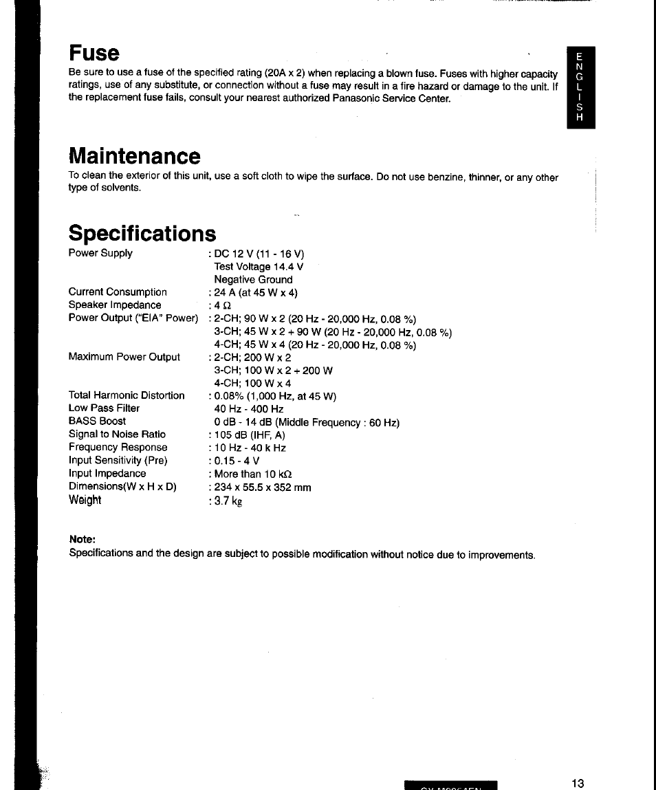 Note, Fuse, Maintenance | Specifications | Panasonic CY-M9054EN User Manual | Page 13 / 14
