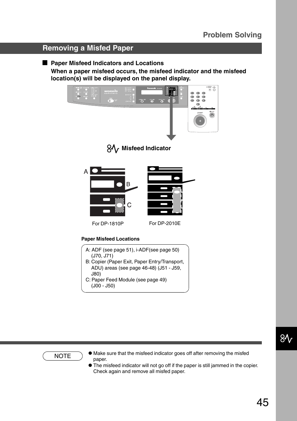 Removing a misfed paper problem solving | Panasonic DP-2010E User Manual | Page 45 / 60