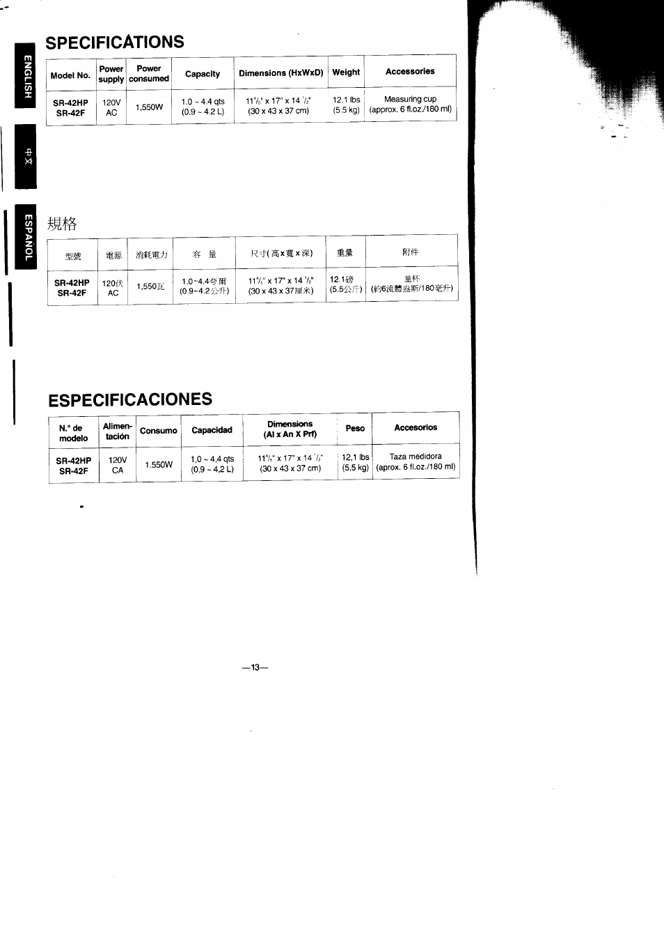 Specifications, Especificaciones | Panasonic Rice Cooker/Steamer SR-42HP/42F User Manual | Page 14 / 16