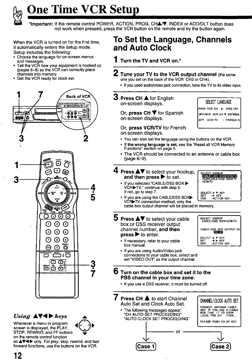 Case 1, Case 2, One time vcr setup | Using, Keys | Panasonic OMNIVISION PV-8661 User Manual | Page 12 / 40