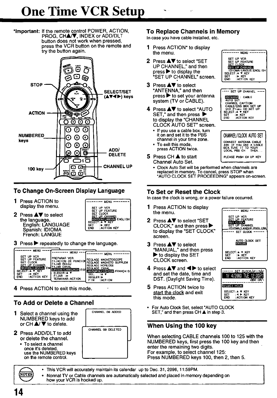 To change on-screen display language, To add or delete a channel, To replace channels in memory | To set or reset the clock, When using the 100 key, One time vcr setup, Cha/t | Panasonic OMNIVISION PV-8661 User Manual | Page 14 / 40