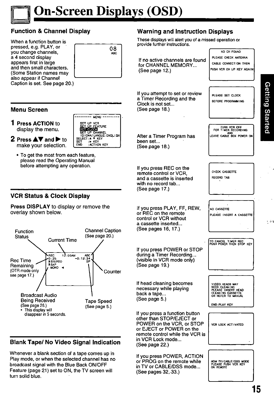 On-screei^dis£lay^(osb, Function & channel display, 1 press action to | Display the menu, 2 press at and ► to, Make your selection, Vcr status & clock display, Blank tape/ no video signal indication, Warning and instruction displays, Menu screen 1 | Panasonic OMNIVISION PV-8661 User Manual | Page 15 / 40