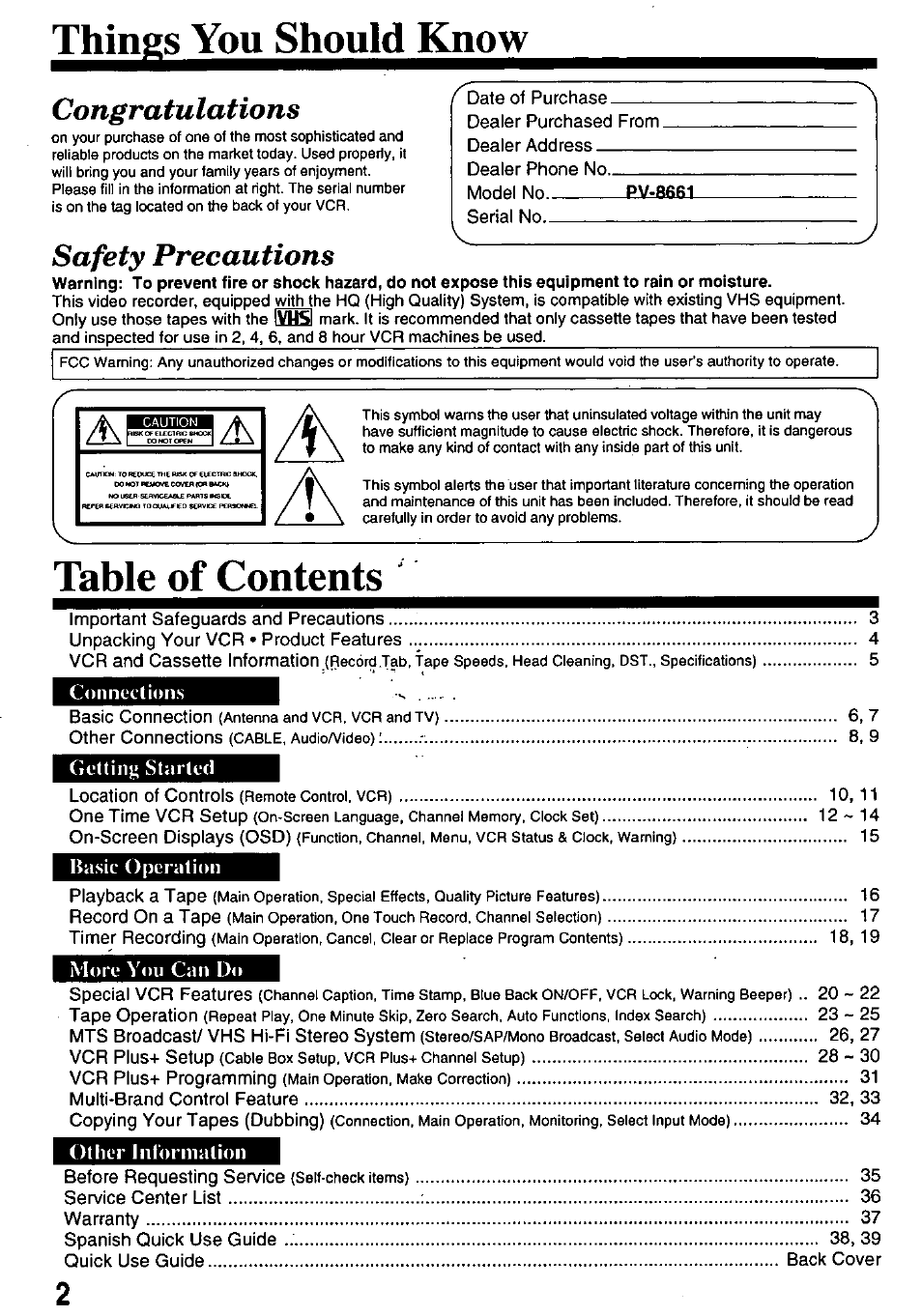 Thingsj^oi^houl, Safety precautions | Panasonic OMNIVISION PV-8661 User Manual | Page 2 / 40