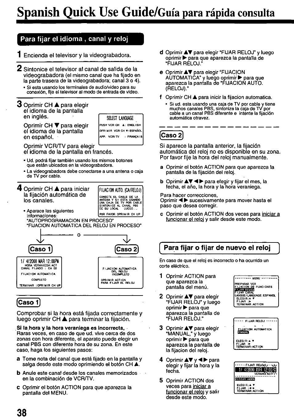 Para fijar el idioma , canal y reloj, Caso 1, Caso2 | Caso 2), Para fijar o fijar de nuevo el reloj, Spanish quick use guide/guia para rápida consulta | Panasonic OMNIVISION PV-8661 User Manual | Page 38 / 40